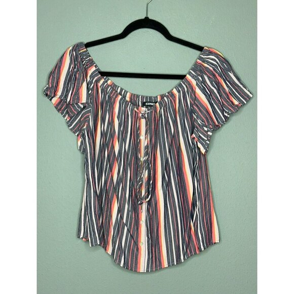Express Women's Large Striped Off Shoulder Flowy Tie Front Boho Crop Top - Picture 1 of 10
